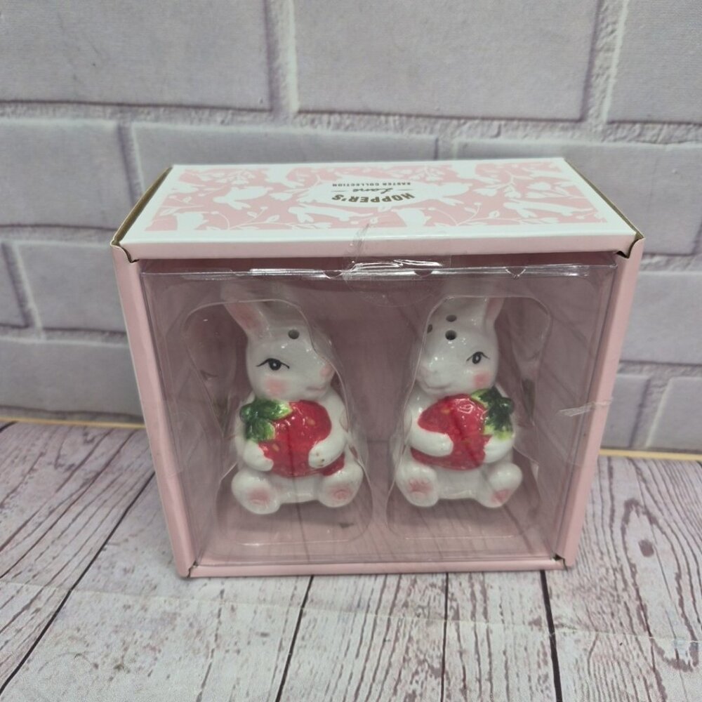Hoppers Lane Bunny With Strawberries Salt & Pepper Shakers~Easter~New In Box